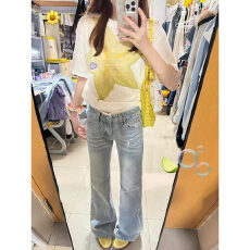 批发美式复古蕾丝花边微喇<b class='q'>牛仔裤</b>女夏季设计感小众甜辣妹低腰直筒长裤