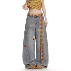 批发美式复古毛巾绣弯刀<b class='q'>牛仔裤</b>女秋季2026新款宽松阔腿拖地镰刀长裤子