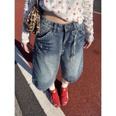 批发美式镶钻设计竹节牛仔七分裤男女夏季水洗宽松阔腿中裤