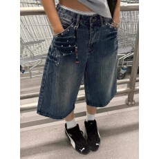 批发美式镶钻设计竹节牛仔七分裤男女夏季水洗宽松阔腿中裤