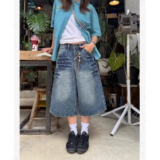 批发美式镶钻设计竹节牛仔七分裤男女夏季水洗宽松阔腿中裤