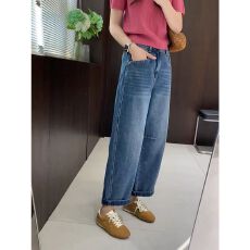 批发韩系2026<b class='q'>春</b>秋复古九分牛仔裤女胖mm小个子宽松高腰显瘦直筒阔腿裤