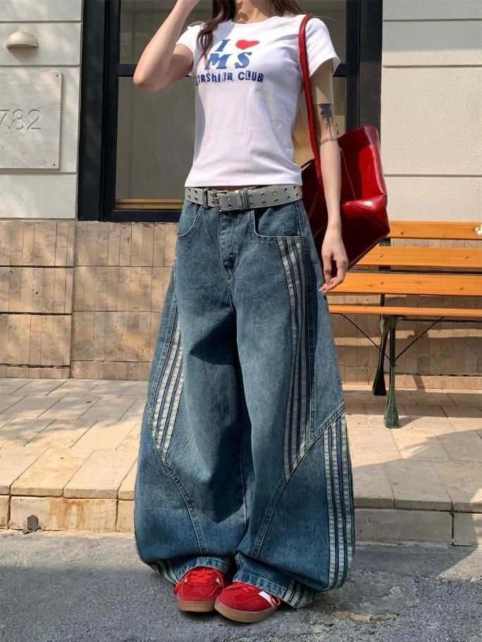 아메리칸 레트로 워싱 해체 모통이 칼 청바지 여성 3개 바 스트라이프 패치워크 넓은 다리 루즈핏 바닥 청소 롱 바지