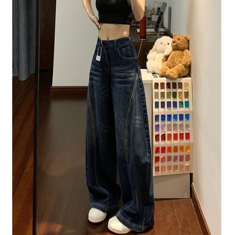 2026 봄 여름 새로운 하이웨이스트 루즈핏 슬림해 보이는 스트레이트 낫 바지 아메리칸 레트로 모통이 칼 넓은 다리 청바지 여성