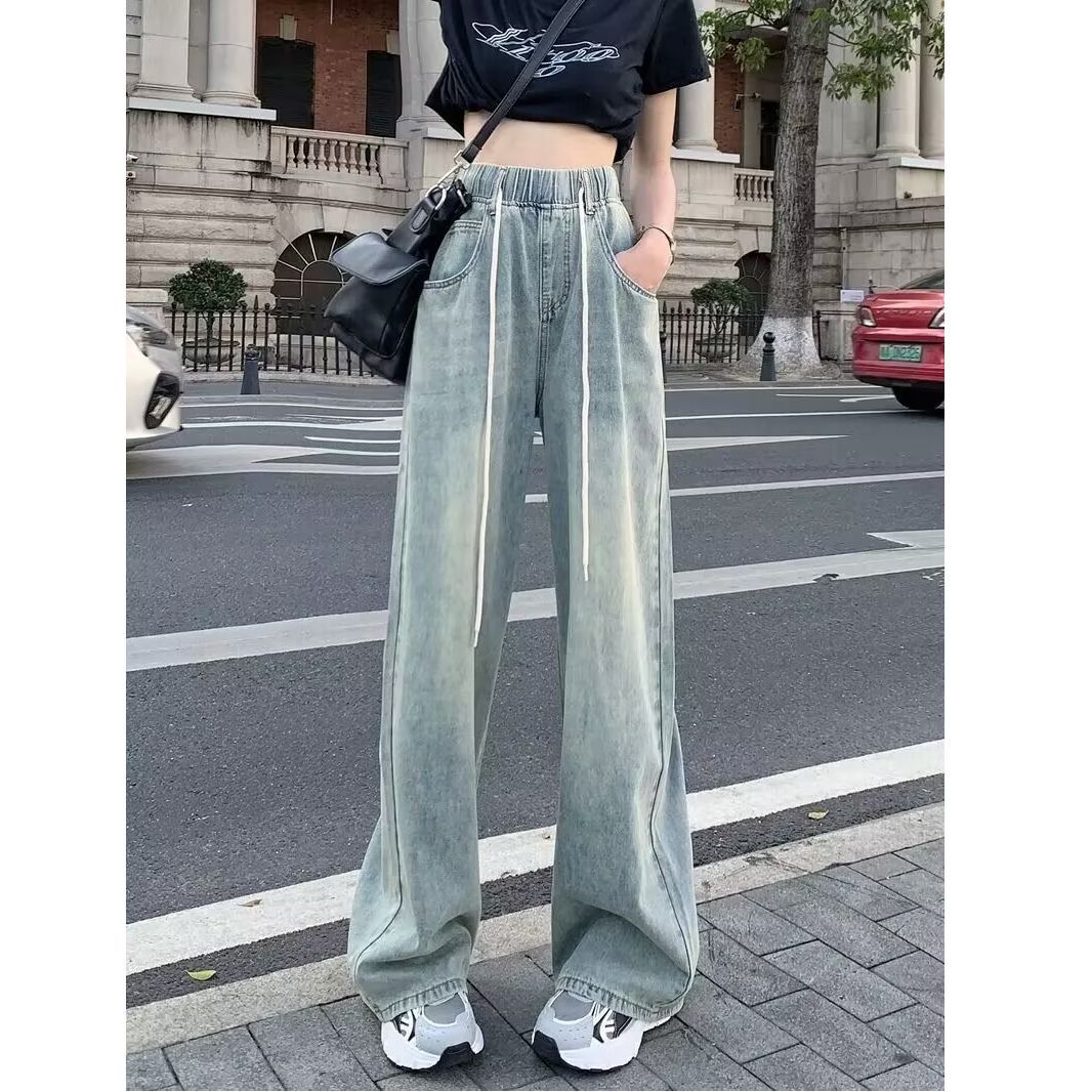 레트로 허리밴드 펌프 로프 청바지 여성 봄 여름 한 부서 ins 하이웨이스트 슬림해 보이는 학생 스트레이트 넓은 다리 바닥 청소 바지