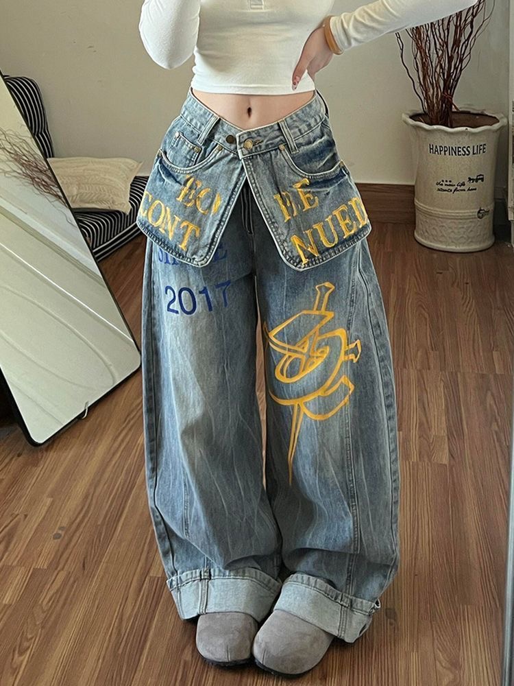 아메리칸 이전 주머니 알파벳 프린트 청바지 여성 봄 가을 디자인 센스 작은 대중 루즈핏 거리 개성 바지