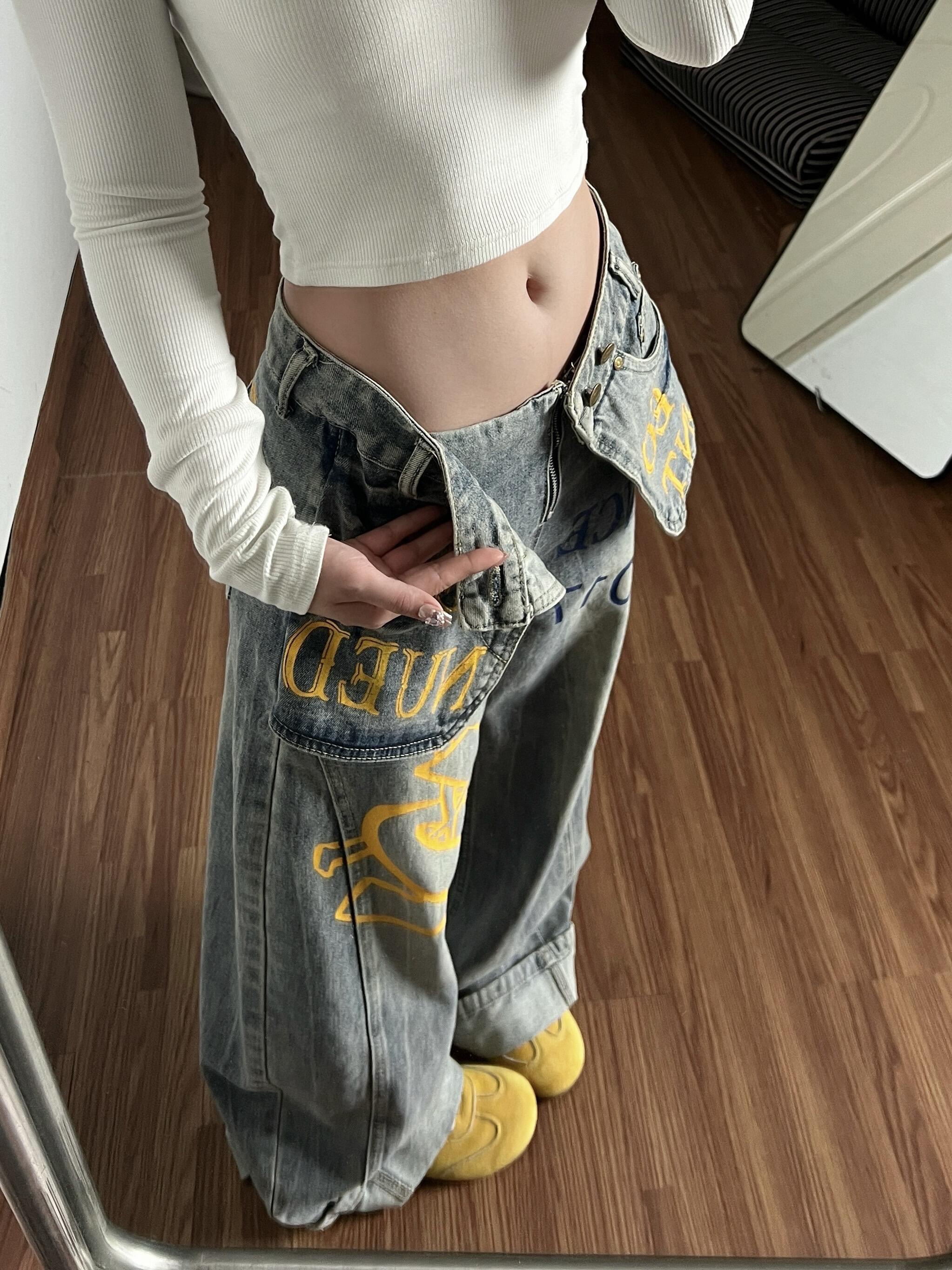 아메리칸 높음 거리 더블 허리 가져 가라. 조각 프린트 청바지 아이들 핫걸 페이크 레이어드 스택 착용 슬림해 보이는 바닥 청소 넓은 다리 길이 바지