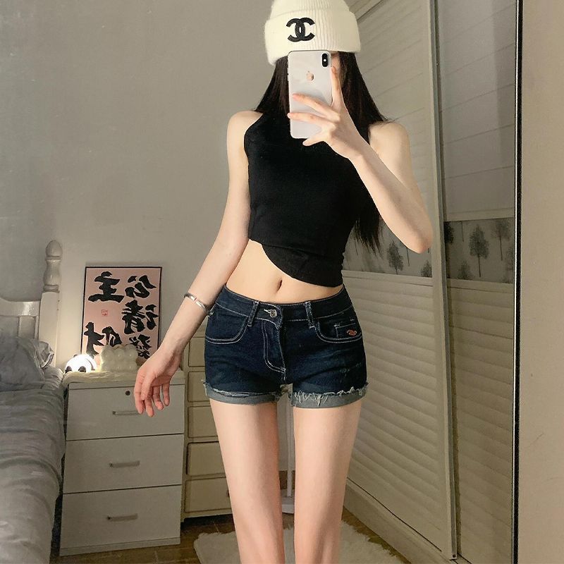 핫걸 레트로 디자인 뒤집다 측면 데님 초단바지 여성 여름 새로운 로우 웨이스트 볼륨 측면 핫 바지 신축성 반바지 바지