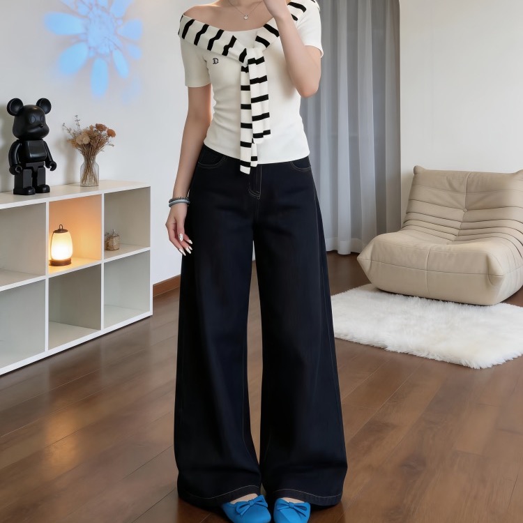 한 부서 chic 아메리칸 레트로 진한 파란색 넓은 다리 청바지 여성 하이웨이스트 슬림해 보이는 루즈핏 스트레이트 바닥 청소 바지