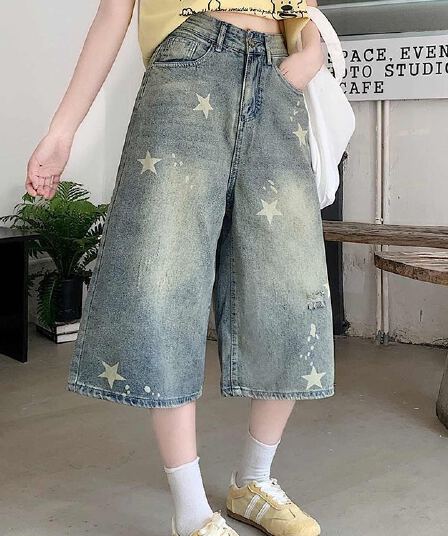 한 부서 chic 아메리칸 레트로 별 프린트 데님 반바지 여성 마 오래된 루즈핏 넓은 다리 캐주얼 7 점 바지