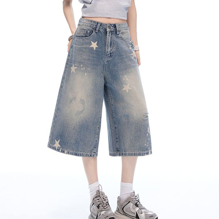 한 부서 chic 아메리칸 레트로 별 프린트 데님 반바지 여성 마 오래된 루즈핏 넓은 다리 캐주얼 7 점 바지