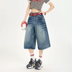 批发美式<b class='q'>镶钻</b>设计竹节牛仔七分裤男女夏季水洗宽松阔腿中裤