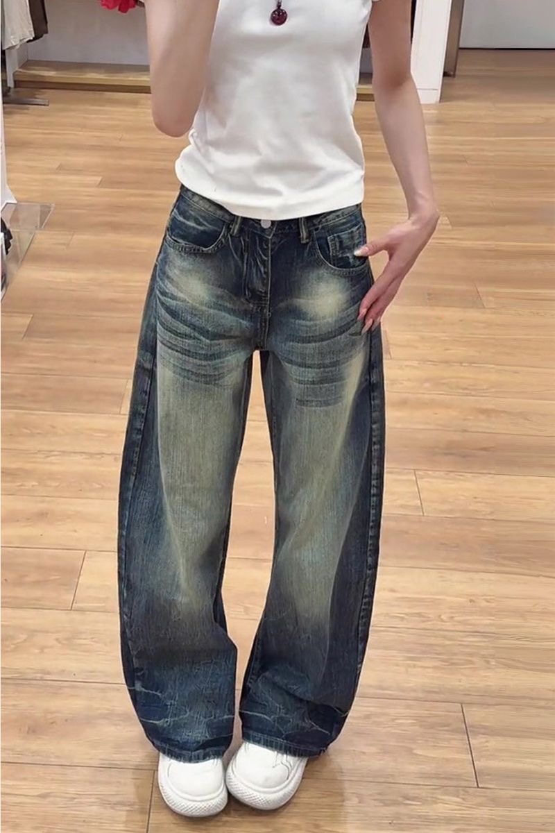 한 부서 작은 키 아메리칸 높음 거리 레트로 워싱 마 오래된 청바지 여성 하이웨이스트 루즈핏 슬림해 보이는 넓은 다리 모통이 칼 바지