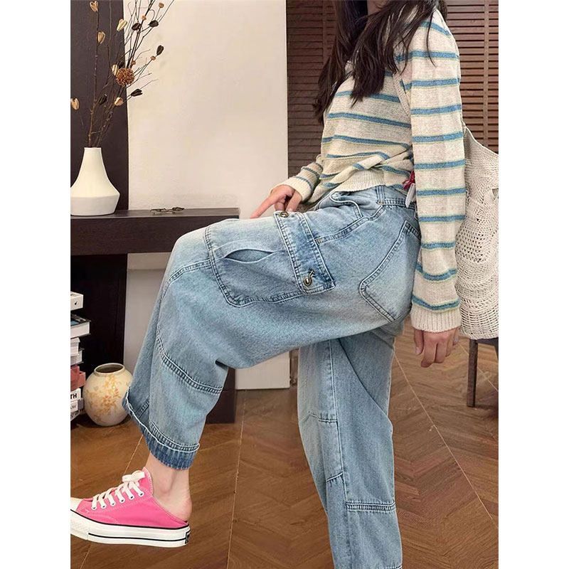 한 부서 빅 사이즈 레트로 아메리칸 워크웨어 청바지 여성 봄 여름 루즈핏 하이웨이스트 슬림해 보이는 스트레이트 넓은 다리 9 포인트 바지