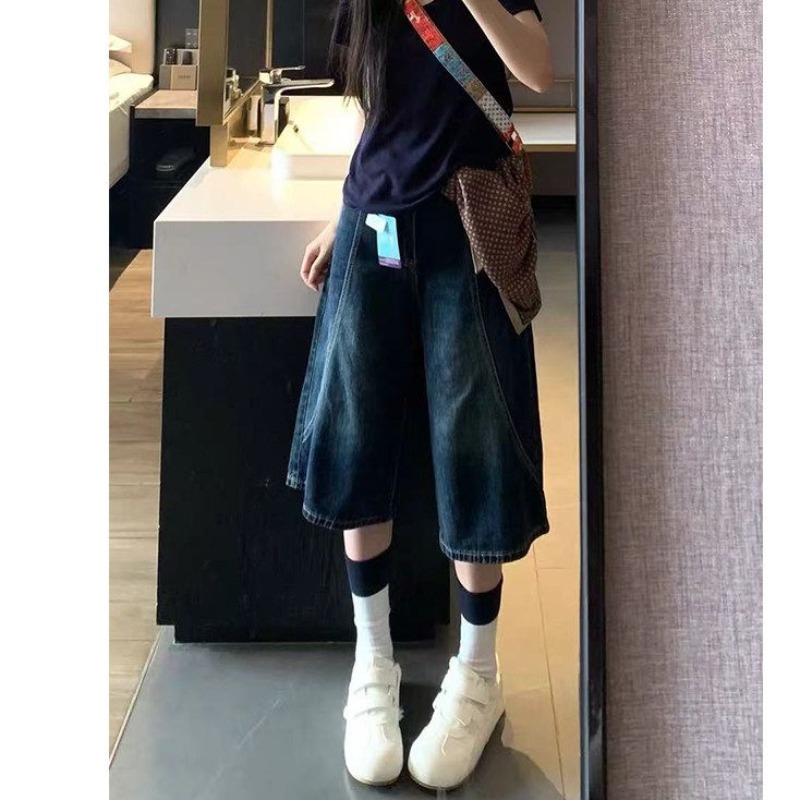 한 부서 레트로 진한 파란색 7 점 데님 반바지 여성 여름 지방 mm 루즈핏 슬림해 보이는 하이웨이스트 스트레이트 넓은 다리 바지