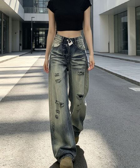 찢어진 부분 아메리칸 넓은 다리 청바지 여성 루즈핏 슬림해 보이는 레트로 여름과 가을 새로운 2026 느긋한 바람 찢어진 데님