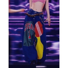 批发赵露思演唱会同款美式复古撞色贴布印花牛仔<b class='q'>裤</b>女高腰宽松阔腿长<b class='q'>裤</b>