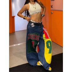 批发美式辣妹复古设计感撞色贴布印花牛仔<b class='q'>裤</b>女2026新款宽松阔腿长<b class='q'>裤</b>潮