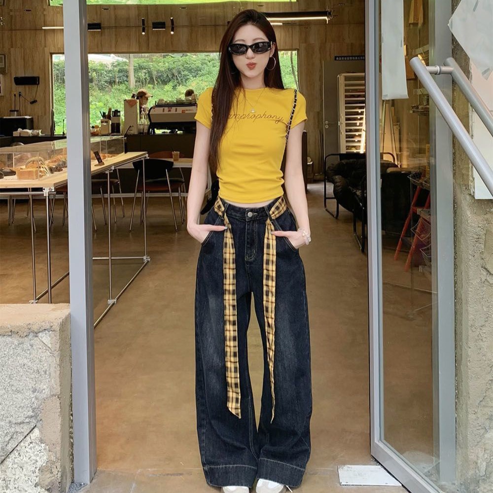 한 부서 아메리칸 레트로 체크무늬 패치워크 넓은 다리 데님 작은 키 하이웨이스트 디자인 새로운 루즈핏 스트레이트 바닥 청소 바지