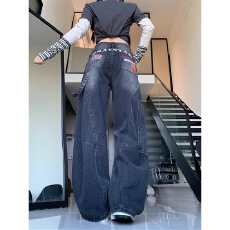 批发美式复古水洗印花黑色牛仔裤女2026春秋新款拖地弯刀裤阔腿长裤潮