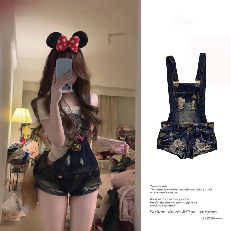 아메리칸 레트로 찢어진 부분 워크웨어 마 오래된 데님 멜빵 바지 여성 여름 핫걸 품격 연령 감소 타이트 스커트 뜨거운 바지