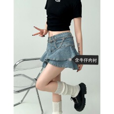 批发高腰牛仔半身裙女夏季新款辣妹<b class='q'>复古</b>设计感小众A字短裙荷叶边裙
