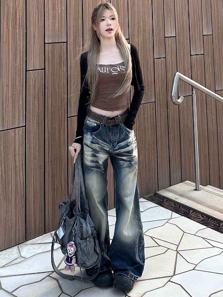 작은 키 아메리칸 높음 거리 레트로 워싱 마 오래된 청바지 여성 2026 하이웨이스트 루즈핏 슬림해 보이는 넓은 다리 모통이 칼 바지