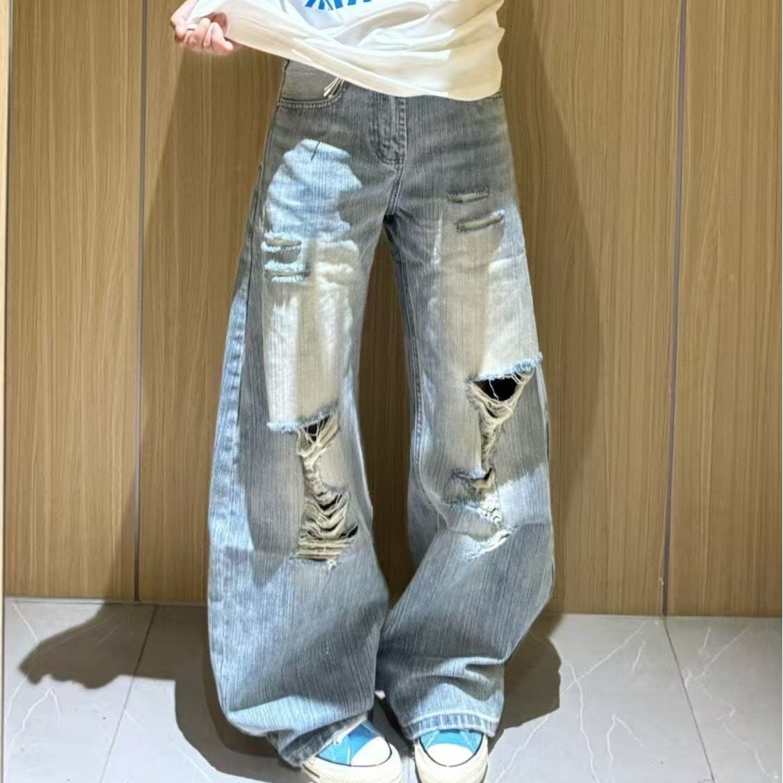 아메리칸 높음 거리 찢어진 부분 디자인 센스 워싱 청바지 여성 여름 루즈핏 핫걸 하이웨이스트 넓은 다리 스트레이트 롱 바지