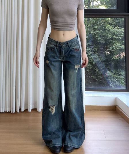 아메리칸 레트로 핫걸 로우 웨이스트 찢어진 부분 넓은 다리 청바지 여성 가을 새로운 루즈핏 슬림해 보이는 다용도 바닥 청소 긴 바지