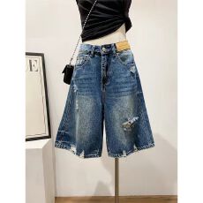 批发大码破洞a字五分牛仔短裤女<b class='q'>夏</b>季胖mm复古美式高腰直筒阔腿中裤子