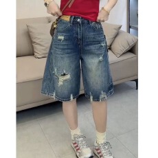 批发韩系破洞a字五分牛仔短裤女<b class='q'>夏</b>季胖mm复古美式高腰直筒阔腿中裤子
