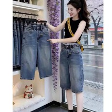批发大码复古a字五分牛仔短裤女<b class='q'>夏</b>季胖mm宽松高腰显瘦直筒阔腿中裤子