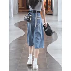批发韩系破洞天丝七分牛仔裤女<b class='q'>夏</b>季薄款胖mm冰丝高腰显瘦直筒阔腿中裤