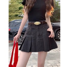 批发大码<b class='q'>复古</b>牛仔百褶半身裙女夏季胖mm设计感高腰显瘦包臀a字短裙子
