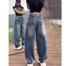 批发韩系复古美式弯刀牛仔裤女<b class='q'>秋</b>季胖mm梨形身材高腰显瘦直筒阔腿裤子