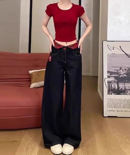 한 부서 chic 아메리칸 레트로 자수 청바지 여성 가을 새로운 하이웨이스트 루즈핏 체크무늬 패치워크 스트레이트 팬츠
