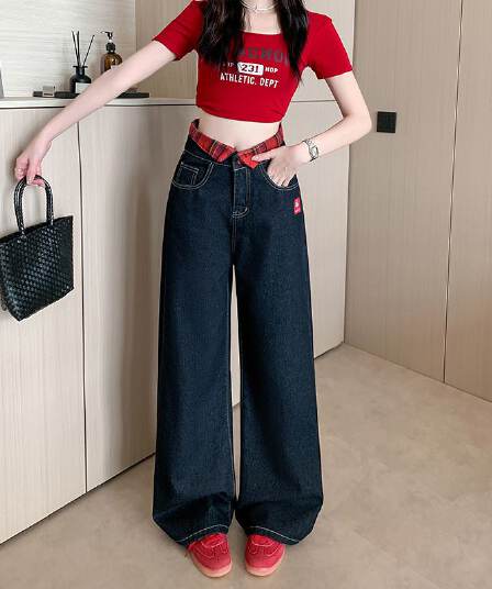 한 부서 chic 아메리칸 레트로 자수 청바지 여성 가을 새로운 하이웨이스트 루즈핏 체크무늬 패치워크 스트레이트 팬츠