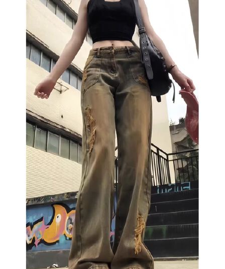 아메리칸 핫걸 레트로 워싱 청바지 아이들 봄 가을 새로운 불모지 바람 찢어진 부분 넓은 다리 다용도 슬림해 보이는 바지