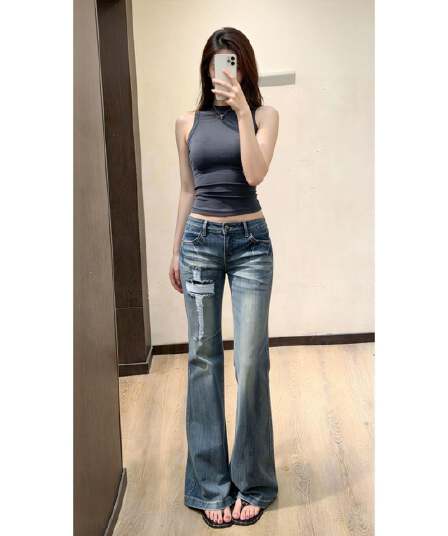 한 부서 chic 아메리칸 레트로 로우 웨이스트 십자가 찢어진 디자인 센스 작은 대중 무거운 작업 워시 물 마 오래된 청바지 트렌디