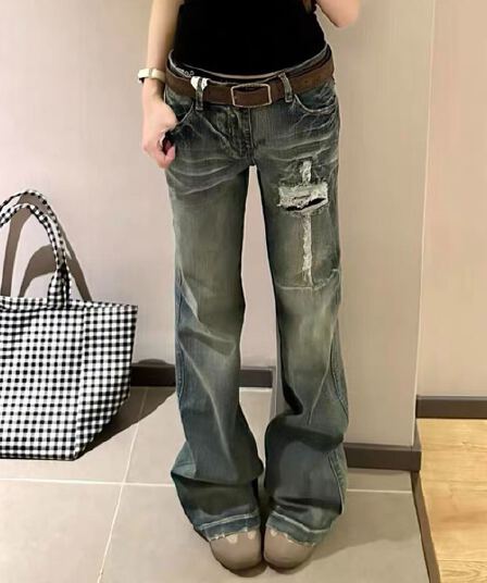 아메리칸 레트로 워싱 마 오래된 찢어진 부분 부츠컷 청바지 여성 가을 디자인 센스 로우 웨이스트 슬림해 보이는 호스 슈 나팔 바지