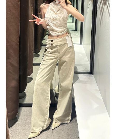 아메리칸 작은 대중 더블 버클 허리 머리 넓은 다리 청바지 여성 가을 새로운 다용도 루즈핏 슬림해 보이는 스트레이트 바닥 청소 바지