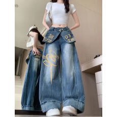 批发韩国chic双腰搭片牛仔印花裤子女2026春秋新款同款时尚阔腿裤子