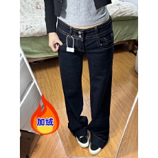 批发加绒美式复古双腰扣不贴腿微喇<b class='q'>牛仔裤</b>秋季小个子百搭低腰直筒裤女
