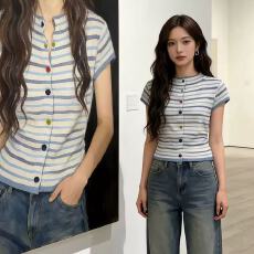 批发韩版气质修身显瘦条纹短袖t恤女装2026夏季新款圆领百搭高级上衣