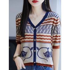 批发夏季新款天丝针织短袖t恤女宽松内搭低V领打底薄<b class='q'>上衣</b>半袖提花洋气