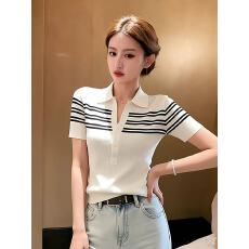 批发韩系chic撞色条纹拼接短袖针织衫女2026年夏季洋气减龄短款上衣服
