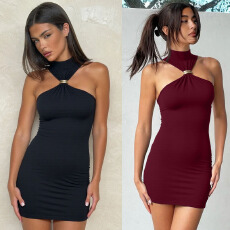 批发欧美2026夏季新品亚马逊跨境纯色紧身高腰包臀无袖性感<b class='q'>连衣裙</b>女