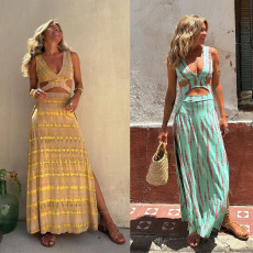 批发2026欧美跨境新款 独立站网红ins同款印花v领露腰性感修身<b class='q'>连衣裙</b>