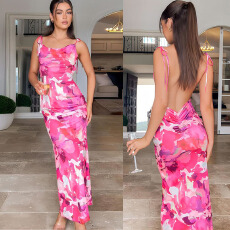 批发欧美跨境新款2026<b class='q'>外贸</b>印花性感露背收腰包臀吊带<b class='q'>连衣裙</b>礼服沙滩裙