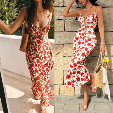 批发亚马逊跨境复古法式浪漫海边度假风系带收腰碎花裹胸修身长吊带裙